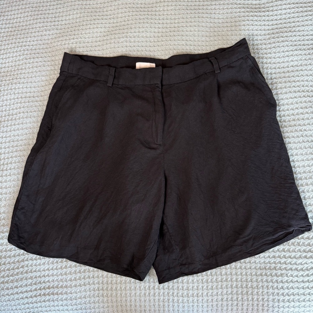 H&M Linen Blend Shorts Womens 20 Black Pleated Coastal Beach Resort Minimalist